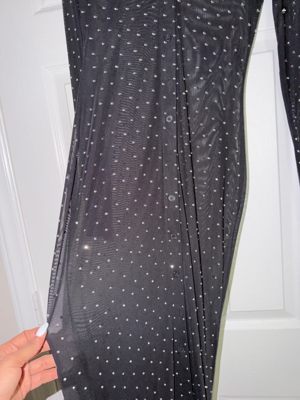 Black Long Sleeve Button Front Maxi Dress with Rhinestone Dots. 
check the video